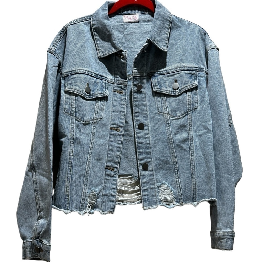 Brand New Pink Lily Destroyed Denim Jean Jacket size Small